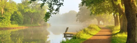 en stig som leder till en brygga på en sjö